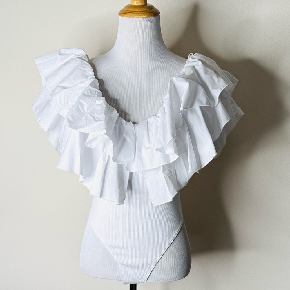 Zara White Oversize Ruffled Ribbed Bodysuit - Picture 3 of 8